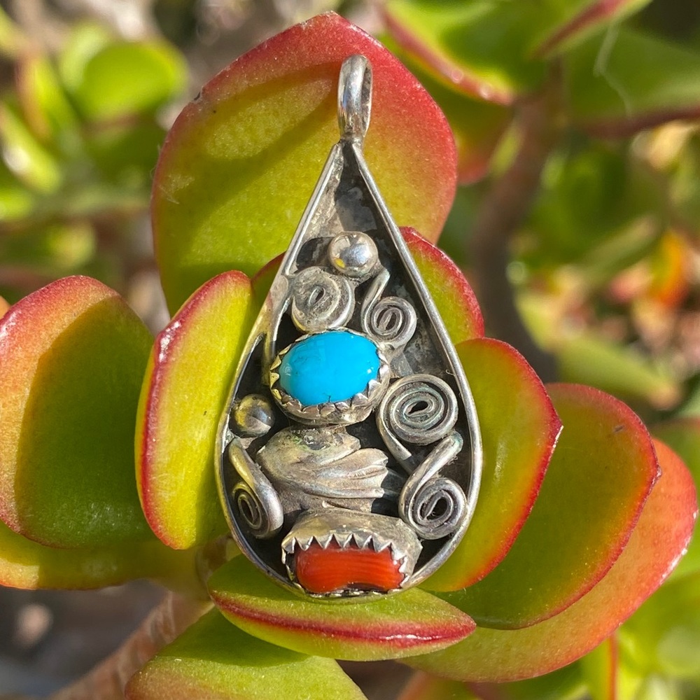 Navajo Signed Turquoise & Coral Sterling Pendant